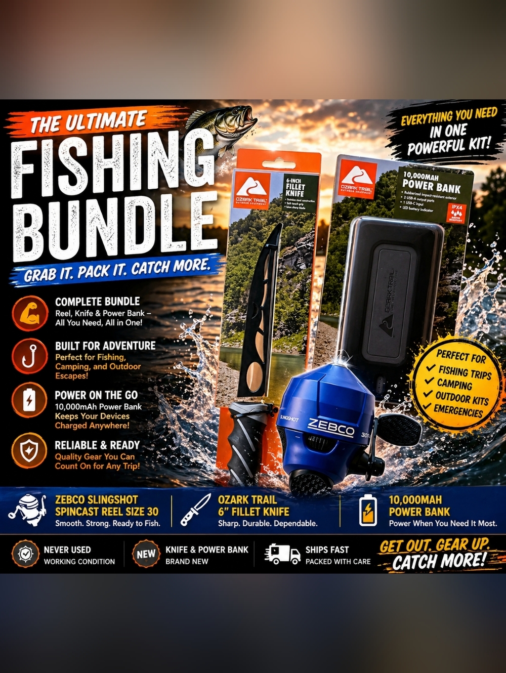 Fishing Bundle Zebco Reel + Fillet Knife + 10000mAh Power Bank Kit